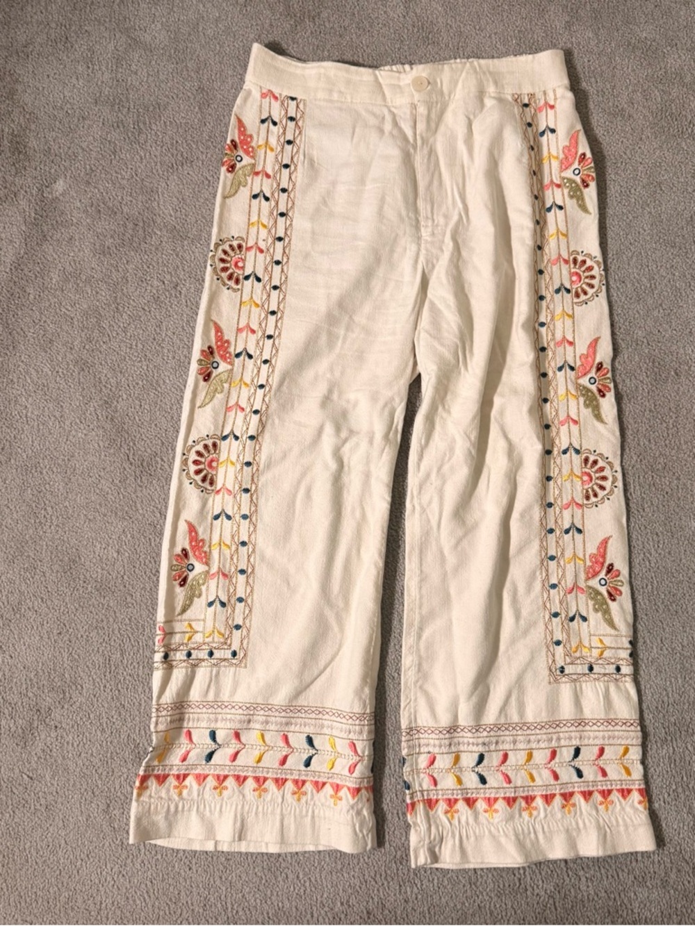 Anthropologie Cream Wide-Leg Embroidered Linen Pants
